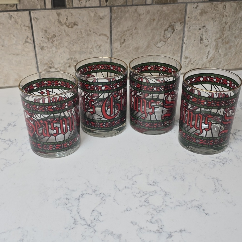 VTG Houze Christmas Glasses Seasons Greetings Set of 4 Low Ball Cocktail Eggnog